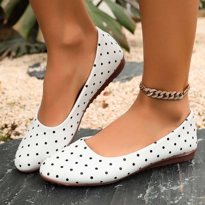 Women'S Fashion Walking Shoes - Ladies White Polka Dot Flats Round