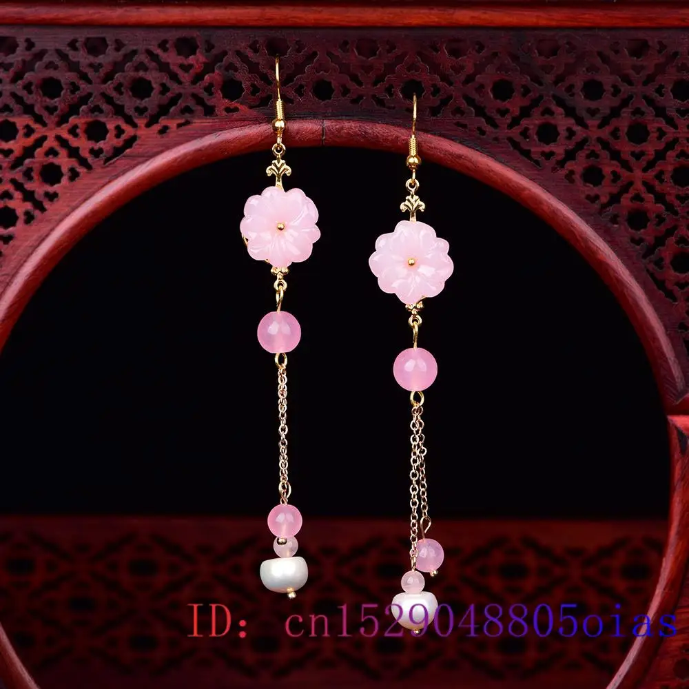 Women Fashion Jewellery - Pink Jade Flower Earrings Chalcedony Gemstone