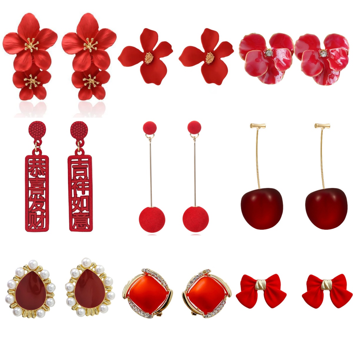 Women Fashion Jewellery - Red Flower Cherry Drop Earrings for