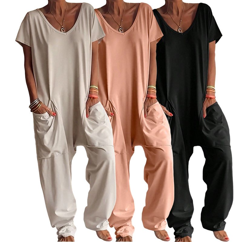 Women'S Fashion Overalls - Solid V-neck Dropped Crotches Jumpsuits For