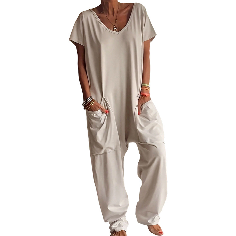 Solid V-neck Dropped Crotches  - Women'S Fashion Overalls ulasan dan harga