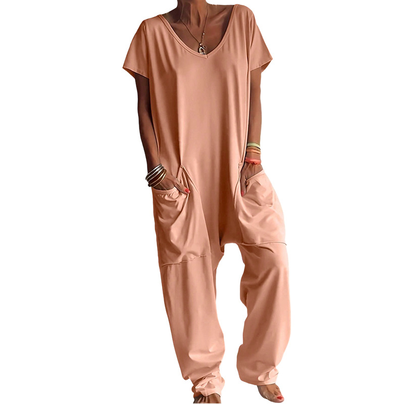 Solid V-neck Dropped Crotches  - Women'S Fashion Overalls ulasan dan harga