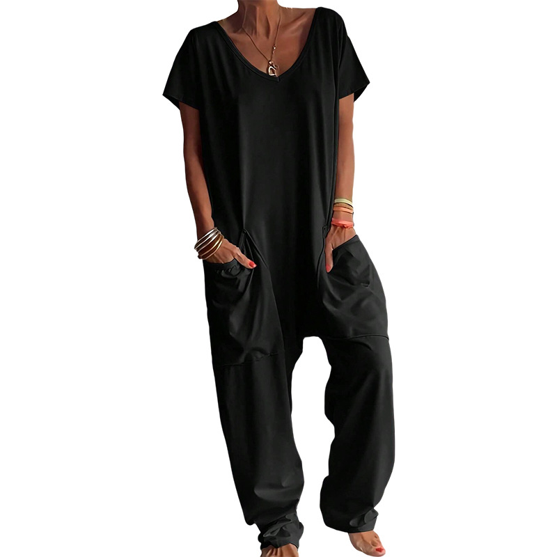 Solid V-neck Dropped Crotches  - Women'S Fashion Overalls ulasan dan harga