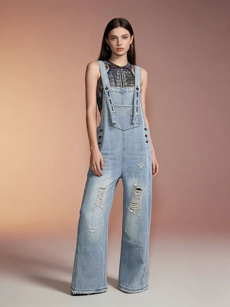 Fashion Retro Ripped Hole Deni - Women'S Fashion Overalls ulasan dan harga