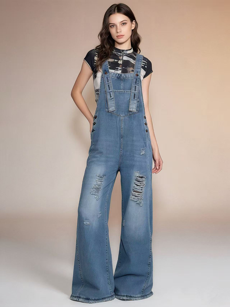 Fashion Retro Ripped Hole Deni - Women'S Fashion Overalls ulasan dan harga